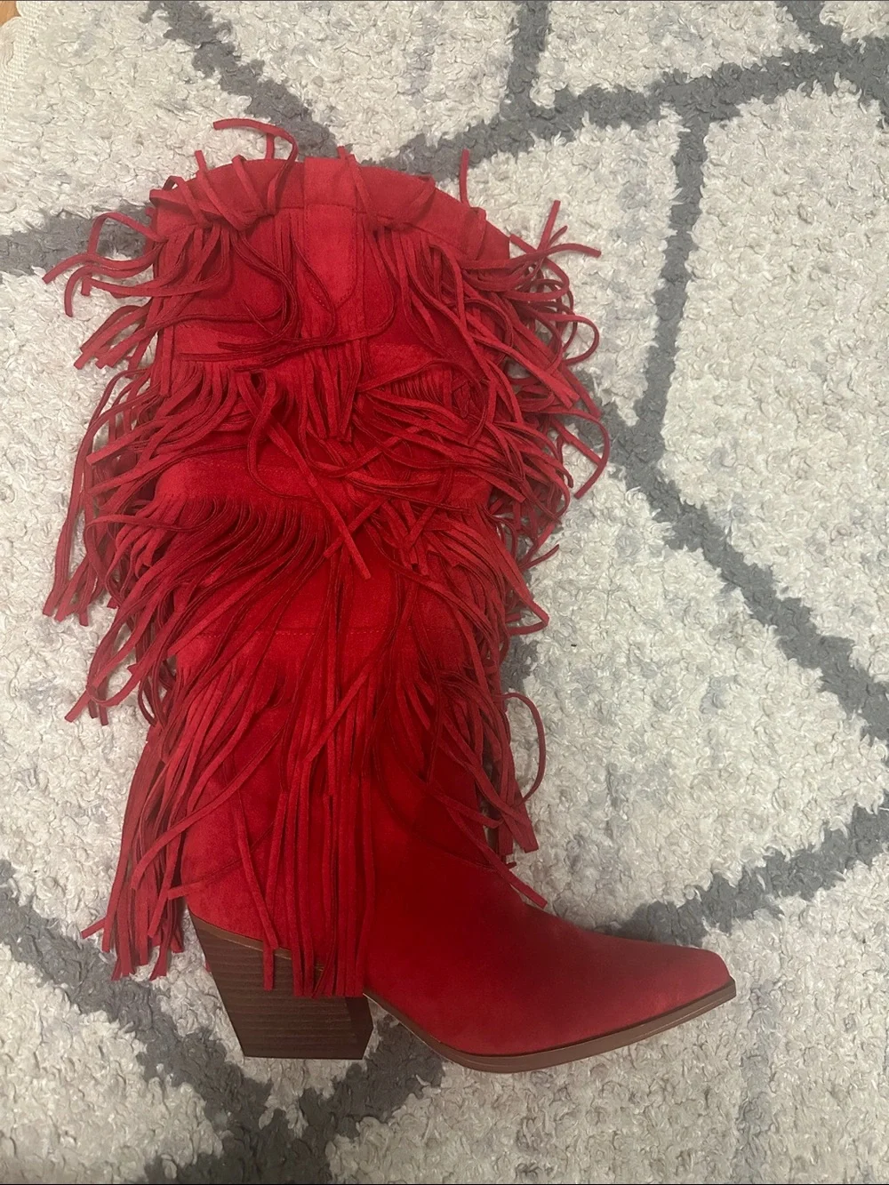 Red Fringe Knee-High Suede Boots - Women's Fashion Boots